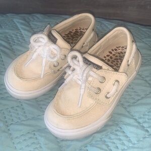 Toddler Sperry deck shoes, velcro size 7. Cream/ Gold sparkly W Leopard inside
